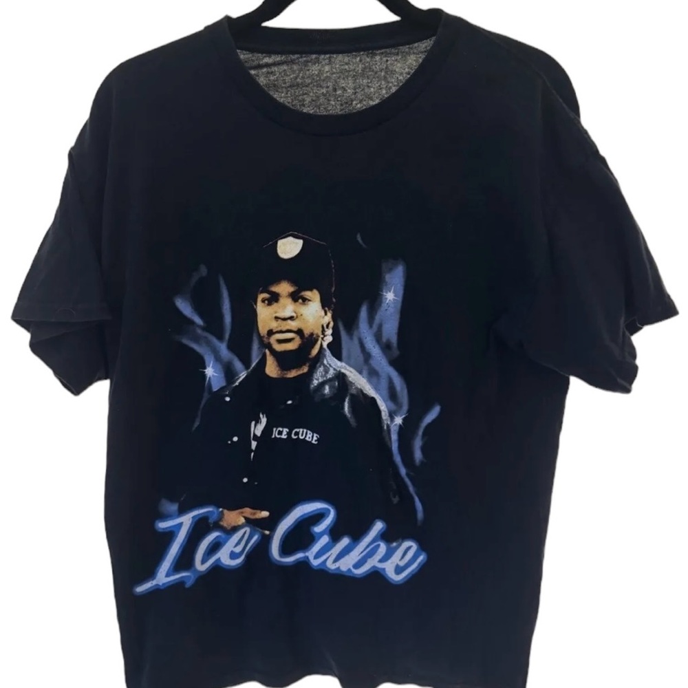 Mens Adult Ice Cube Blue Flames Graphic Print Tee Size L Music Icon New